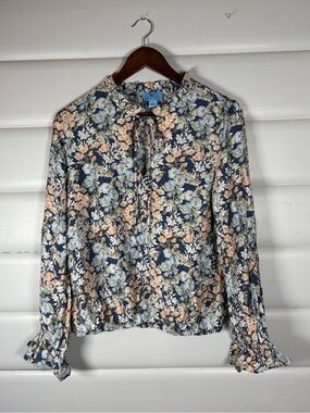 Boho CeCe Romantic Floral Tie Neck Frill Blouse Cottagecore Boho Top Size Small